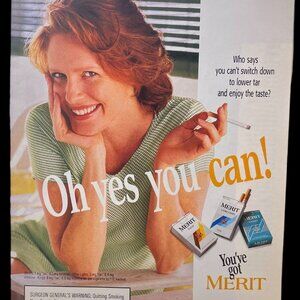 Vintage Merit Cigarettes Color Print Ad 1996 Smiling Woman Yes You Can!